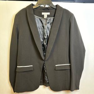 H&M Blazer Jacket Women's 14 Black W/‎ White Detail Career Workwear Stretch